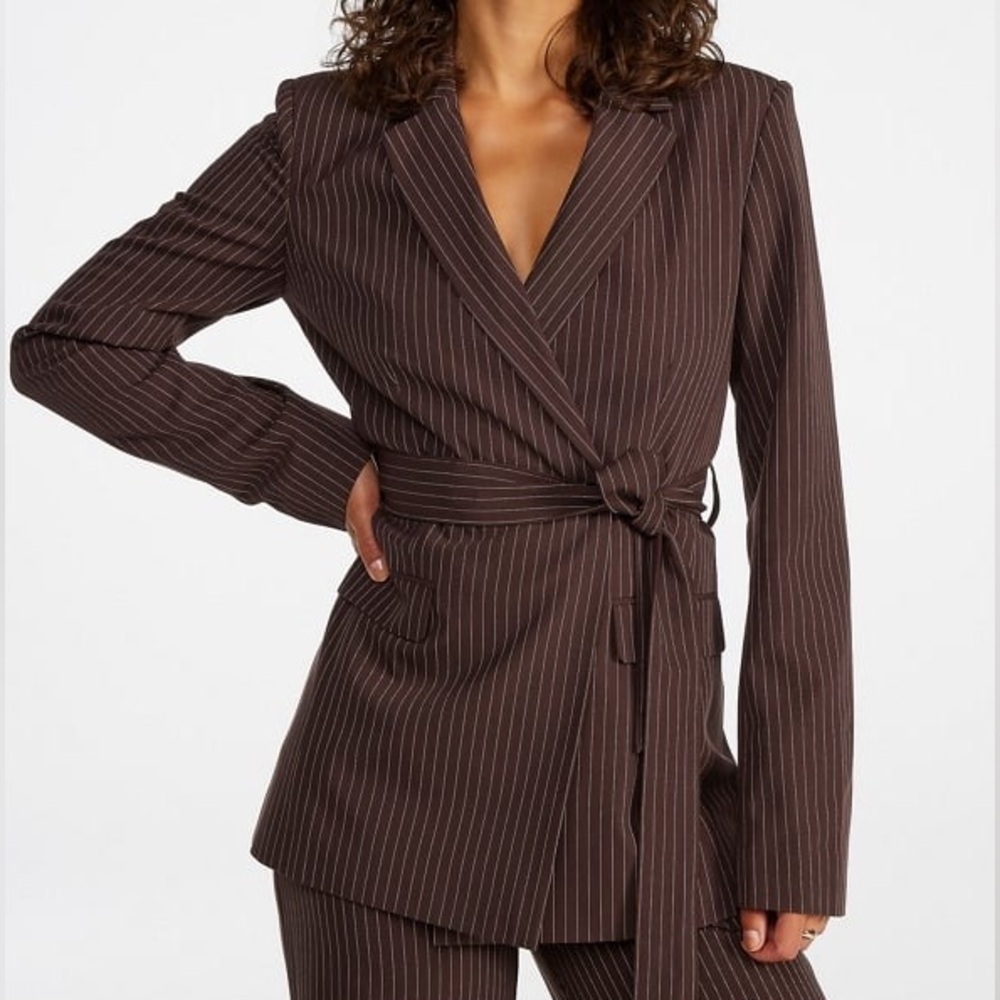 Tie Waist Pinstripe Blazer